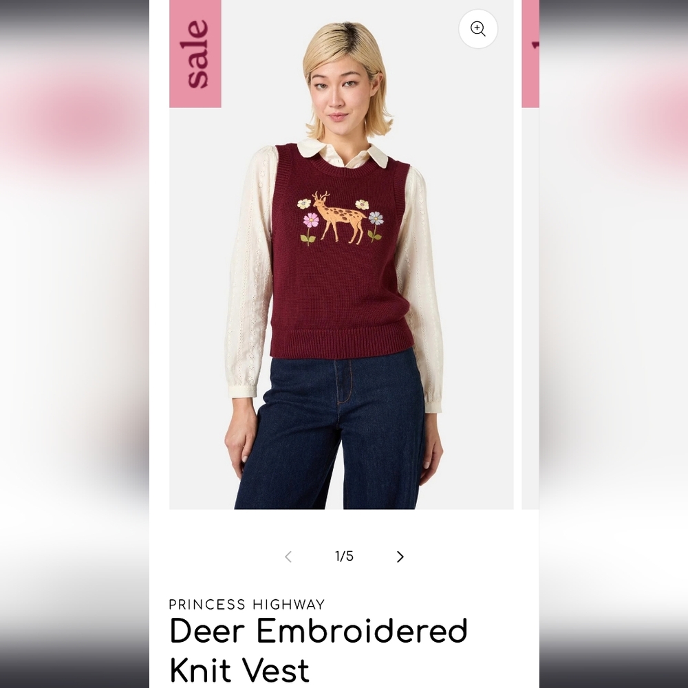 NWT Princess Highway Burgundy Deer Embroidered Knit Vest AU Size 8 (US Size 4)
